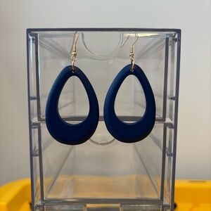 Navy Blue Hollow Teardrop Wooden Dangle Earrings | Item 0331